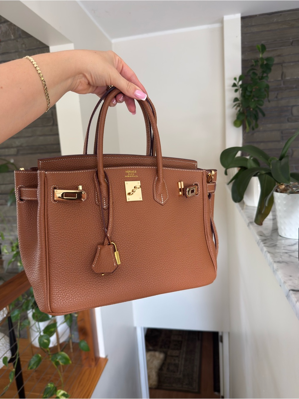 Brown Togo Leather Satchel with Gold Hardware